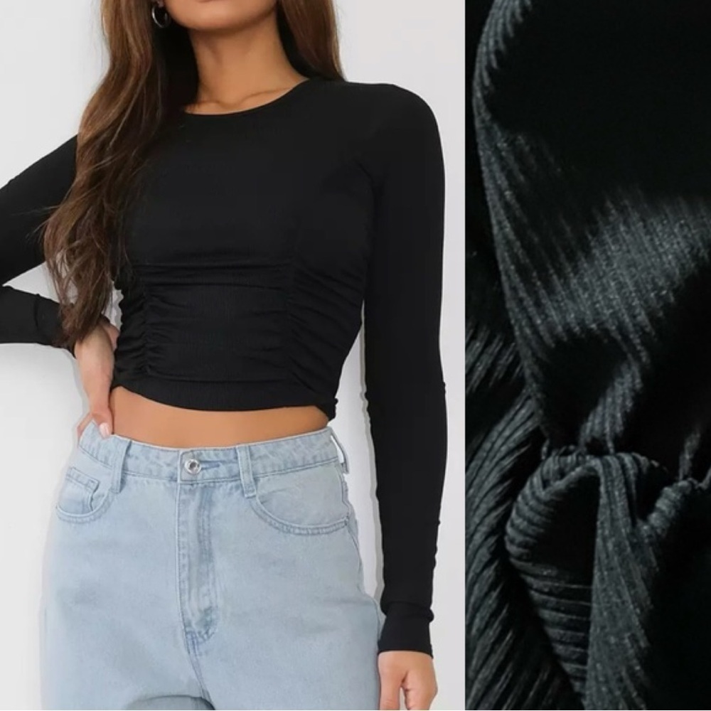 Missguided Black Fine Rib Ruched Front Crop Long Sleeve Shirt